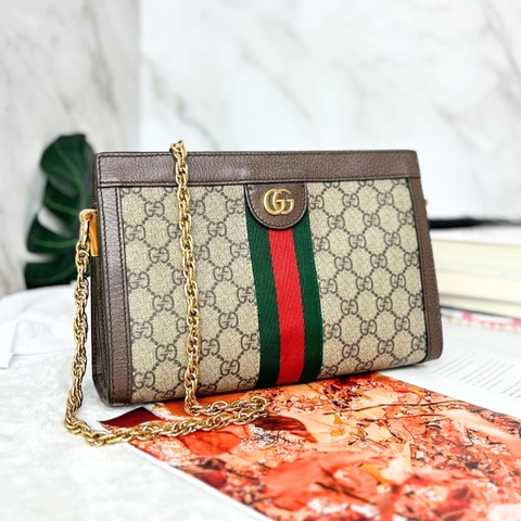 Gucci 經典 Ophidia 系列 GG LOGO織帶皮革磁釦斜背包