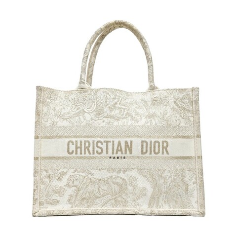 DIOR Book Tote 中號 白色帆布刺繡提花手提包