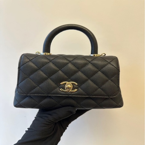 Chanel／香奈兒 黑金荔枝牛皮 Cocohandle mini 晶片款 99新