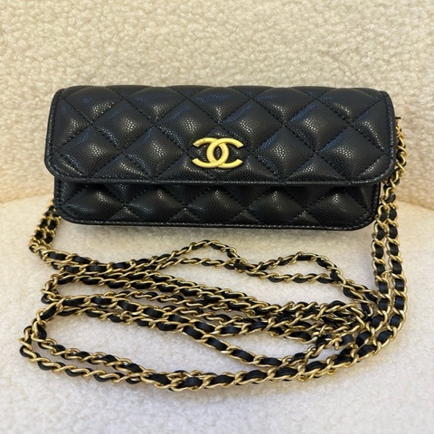 CHANEL香奈兒 24C 黑金鏈條 皮穿鏈 菱格 荔枝皮粒面牛皮 口蓋包信封包單肩斜挎包 女款 黑色17*4*9