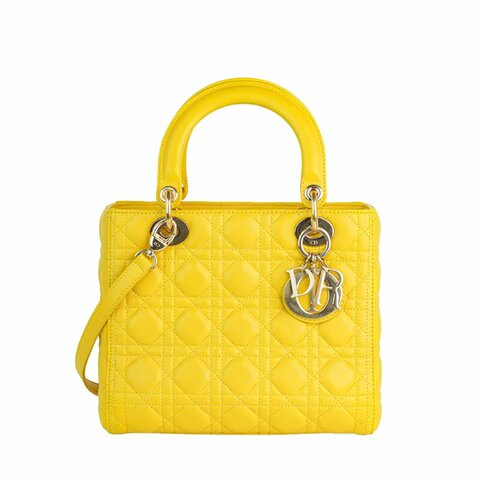 DIOR 迪奧 Lady Dior 5格 黛妃包 中型 黃色金釦 羊皮籐格紋 手提/肩背包｜Medium Bag｜KÉSH 凱仕精品