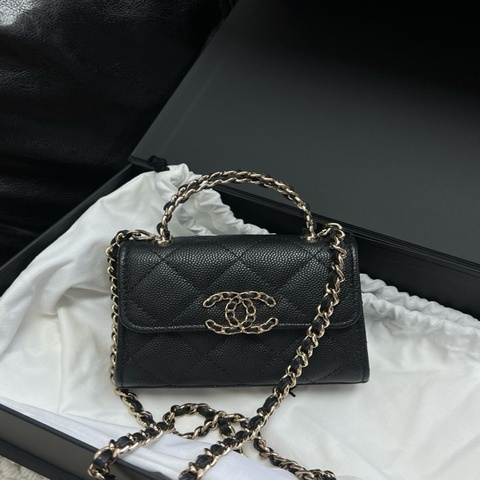 Chanel 香奈兒 kelly mini黑金 荔枝紋  皮穿鏈手提斜挎包