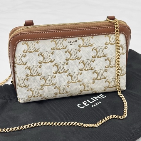 CELINE 白荖花凱旋門貝殼包化妝包鏈條包
