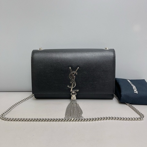 YSL聖羅蘭 Kate中號黑銀魚籽醬皮流蘇包，尺寸24×15×6 附件 塵袋