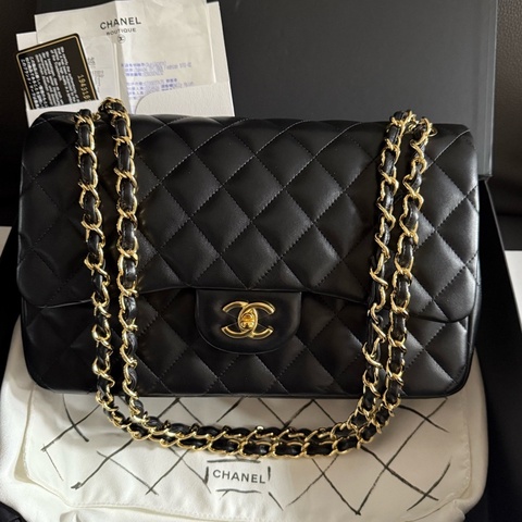 CHANEL香奈兒 黑色金扣黑金羊皮CF大號jumbo口蓋包單肩斜挎包 19開有卡