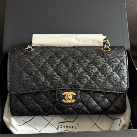 chanel香奈兒 黑色荔枝紋牛皮黑金中號CF口蓋包 鏈條單肩斜挎包 21年 芯片款
