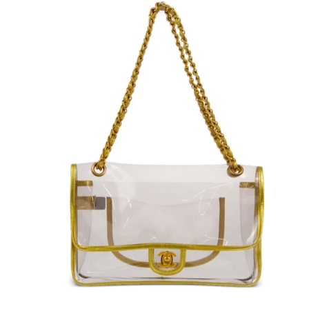 「JL精品代購」9新 Chanel香奈兒金色包邊透明口蓋鏈條包