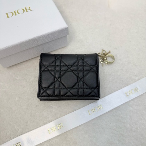 Dior黑色Cannage羊皮黛妃金釦短夾