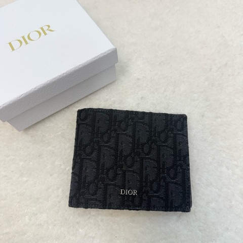 Dior黑灰緹花銀釦對開8卡卡夾