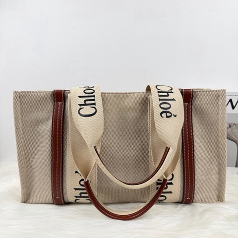 Chloé 克洛伊 Woody中號托特包 米白亞麻帆布/棕色皮革 手提單肩包 尺寸：37-12-26