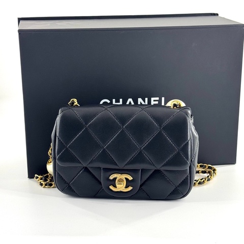 Chanel香奈兒24S黑金湯圓羊皮方胖子底長18cm