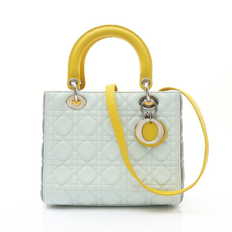 淺藍/灰/黃色 藤格紋 牛皮 Lady Dior 兩用包【Dior 迪奧】 M0565