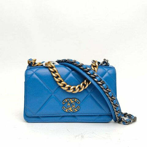 CHANEL 19BAG吸扣WOC藍色羊皮革31開皮穿鏈扣肩背包