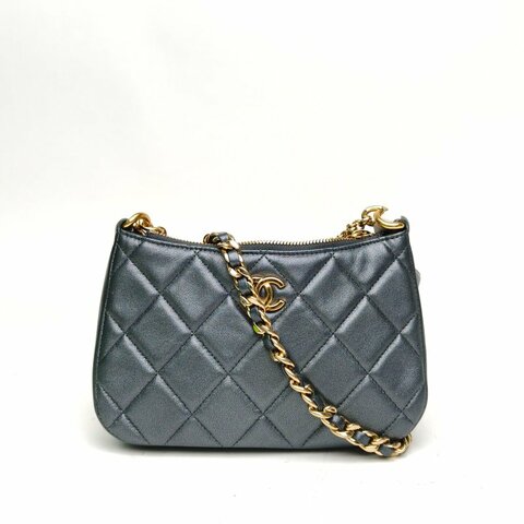 CHANEL 灰色羊皮革金扣24Plogo字母鏈條Hobo腋下包肩背包