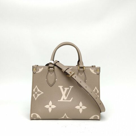 LOUIS VUITTON Onthego小號大象灰牛皮革金扣晶片大Logo印花肩背包