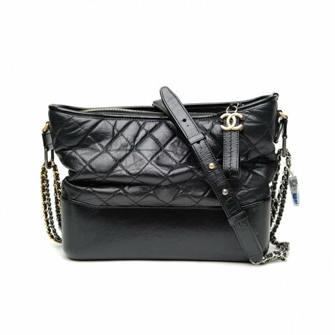 CHANEL GABRIELLE流浪中號黑色牛皮革25開金銀扣肩背包