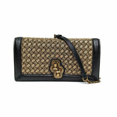 BOTTEGA VENETA 黑金羊皮革蛇皮Olimpia金絲編織鏈條單肩包肩背包