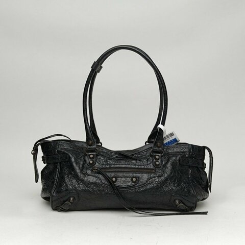 BALENCIAGA 黑色羊皮革黑扣Lecity橫板法棍包機車包肩背包