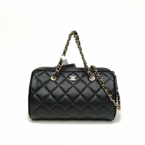 CHANEL 黑色荔枝牛皮金扣25S黑金保齡球鏈條包肩背包