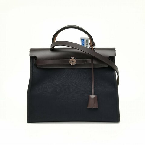 HERMES Herbag31黑色帆布/牛皮T刻銀扣肩背包