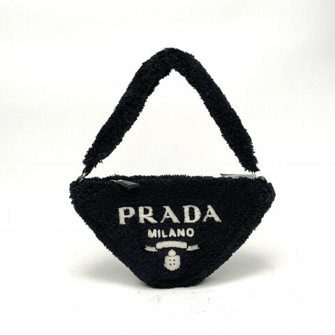 PRADA 黑色毛絨銀扣三角包手提包肩背包