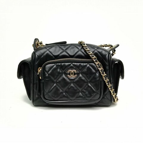 CHANEL 黑色羊皮革晶片金扣24K相機包黑金鏈條肩背包