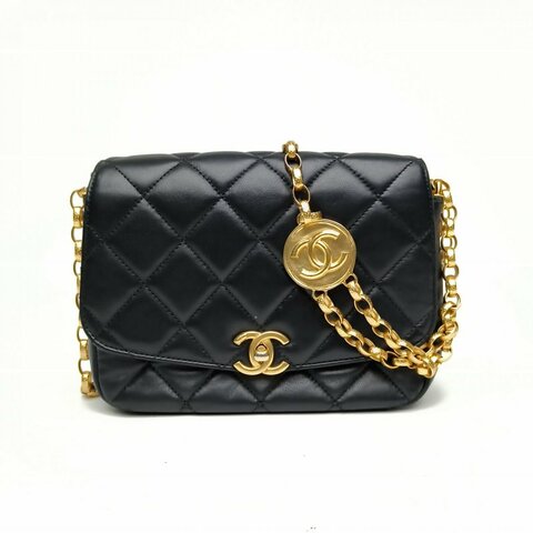 CHANEL 20K口蓋包黑色羊皮革30開金扣金幣鏈條肩背包