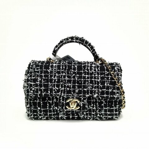 CHANEL 黑白毛呢晶片金扣24P手柄大mini鏈條斜挎包肩背包