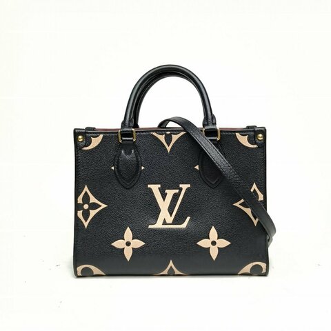 LOUIS VUITTON Onthego小號黑白牛皮革金扣晶片老花壓紋肩背包