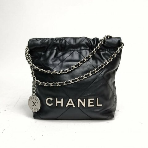 CHANEL 22BagTote托特包Mini黑色牛皮革晶片銀扣肩背包
