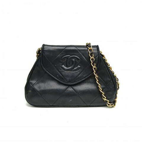 CHANEL 墨藍色羊皮革金扣中古黑金羊飯團斜挎包肩背包