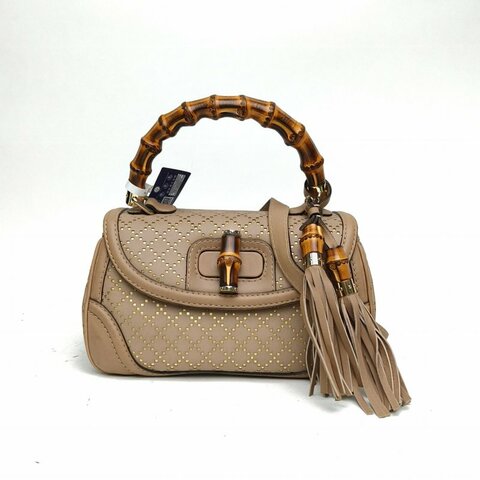 GUCCI 棕色牛皮革淺金扣Bamboo竹節包流蘇肩背包