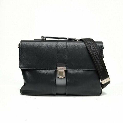 FERRAGAMO 黑色牛皮革銀扣公事包織物肩帶肩背包