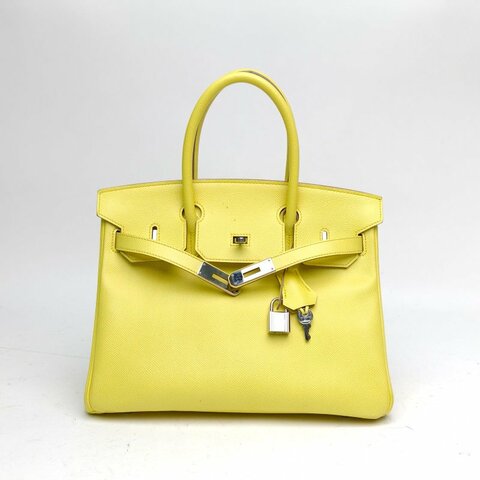 HERMES Birkin30檸檬黃Epsom皮框Q銀扣刻肩背包