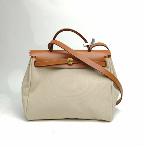 HERMES Herbag31冰川白拼金棕色U刻金扣肩背包