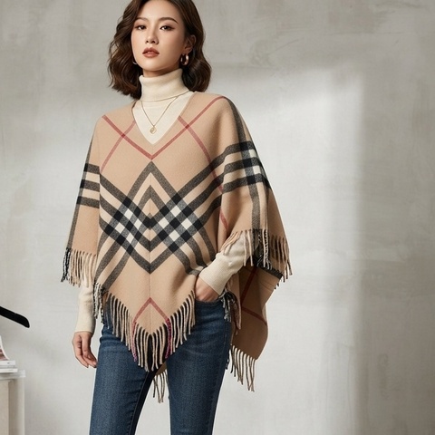 112）Burberry 經典格紋羊毛喀什米爾流蘇斗篷 95成新
