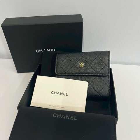 Chanel 三摺黑金短夾 荔枝皮