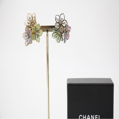Chanel Vintage 71-80 琉璃萊茵石粉色與綠色花朵耳環