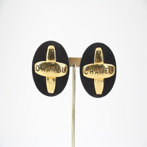 Chanel Vintage 91-92 絨毛金色十字架黑色圓形大耳環