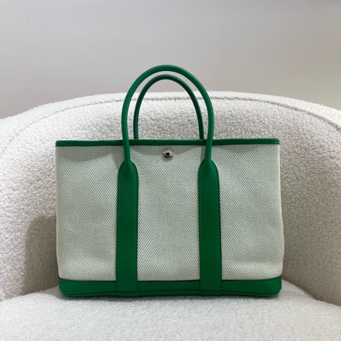 愛馬仕 Hermes Garden party30 竹子綠拼帆布 花園30手提包 銀扣