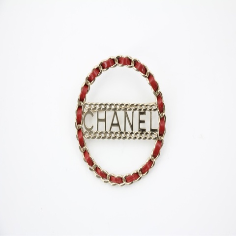Chanel B18K 皮革紅色金屬圓形大胸針