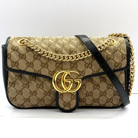 GUCCI 古馳 棕色GG帆布鏈條肩背包 斜背包 443497