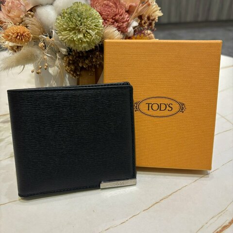 *SHIHNA名牌精品*TOD'S金屬LOGO波紋小牛皮對開八卡短夾