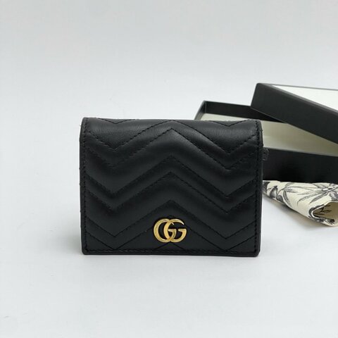 GUCCI Marmont 愛心兩摺拉鍊零錢袋短夾 黑金