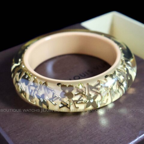 金鐸精品~2543 LOUIS VUITTON LV路易威登M65607金色字紋圓花透明與杏仁色壓克力寬版手環