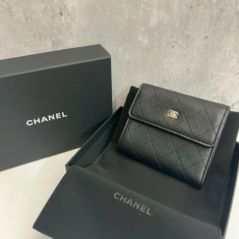 Chanel 三摺黑金短夾 荔枝皮