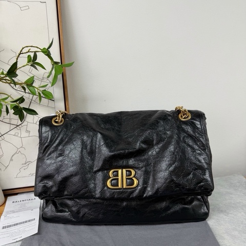 Balenciaga巴黎世家 monaco 黑金油蠟皮 單肩包斜挎包 中號鏈條包