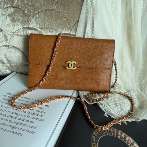香奈兒 chanel 金棕色 蜜糖色 中古 鏈子皮夾 woc wallet on chain 金扣 翻蓋包 wallet 長夾 牛皮 魚子皮 荔枝皮 斜背包