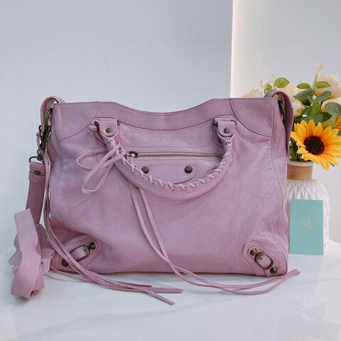 MS0782	Balenciaga 巴黎世家 經典城市 單肩包包 粉紫色 做舊金扣  City Bag 33cm Lambskin Rose Berlingot x GHW