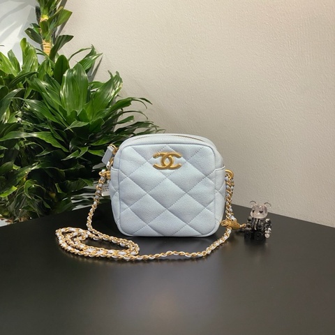 Chanel 香奈兒竪版相機包 珠光藍 金扣 荔枝皮 鐳射芯片款